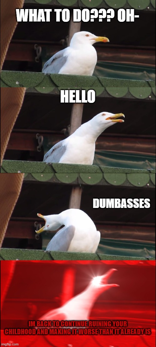 h e h e back from almost having my life r u i n e d(and probably living on ze streets) | WHAT TO DO??? OH-; HELLO; DUMBASSES; IM BACK TO CONTINUE RUINING YOUR CHILDHOOD AND MAKING IT WORSE THAN IT ALREADY IS | image tagged in memes,inhaling seagull | made w/ Imgflip meme maker