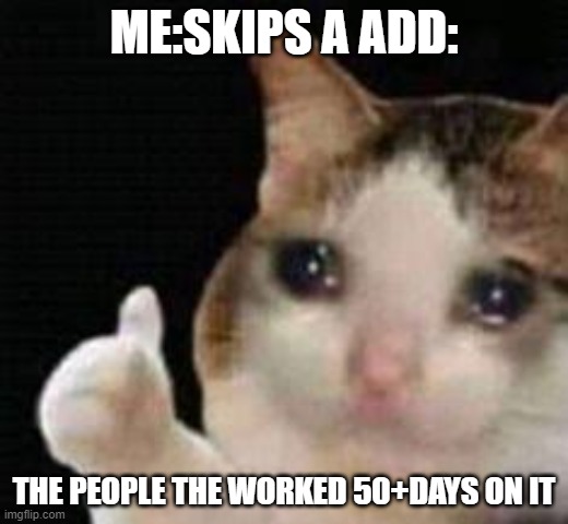 Approved crying cat |  ME:SKIPS A ADD:; THE PEOPLE THE WORKED 50+DAYS ON IT | image tagged in approved crying cat | made w/ Imgflip meme maker