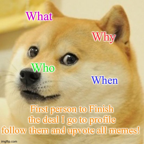 ?? | What; Why; Who; When; First person to Finish the deal I go to profile follow them and upvote all memes! | image tagged in memes,doge | made w/ Imgflip meme maker