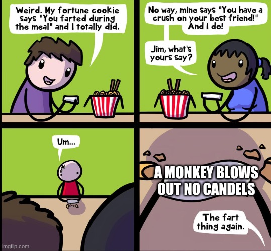 Fortune Cookie Comic | A MONKEY BLOWS OUT NO CANDELS | image tagged in fortune cookie comic | made w/ Imgflip meme maker