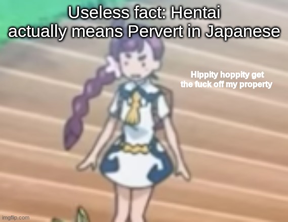 Hippity Hoppity get off my property | Useless fact: Hentai actually means Pervert in Japanese | image tagged in hippity hoppity get off my property | made w/ Imgflip meme maker