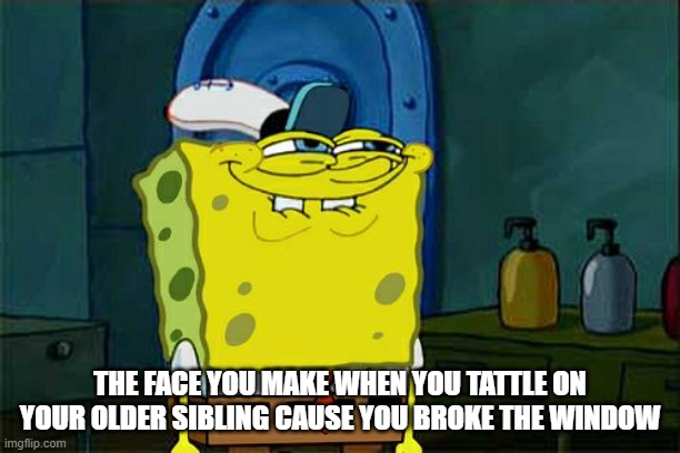 >:) | THE FACE YOU MAKE WHEN YOU TATTLE ON YOUR OLDER SIBLING CAUSE YOU BROKE THE WINDOW | image tagged in memes,don't you squidward | made w/ Imgflip meme maker