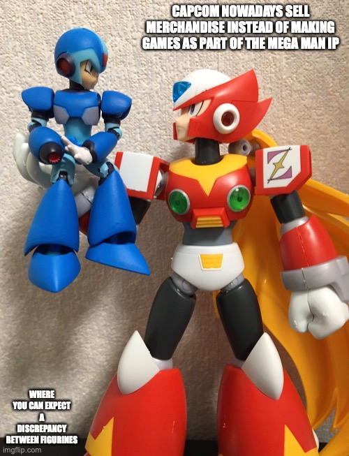 X and Zero Figuerines | CAPCOM NOWADAYS SELL MERCHANDISE INSTEAD OF MAKING GAMES AS PART OF THE MEGA MAN IP; WHERE YOU CAN EXPECT A DISCREPANCY BETWEEN FIGURINES | image tagged in megaman,memes | made w/ Imgflip meme maker