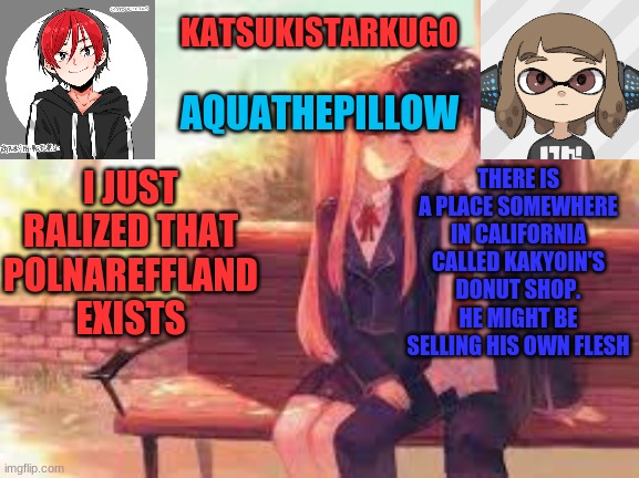 KatsukiStarkugoXAquathepillow | THERE IS A PLACE SOMEWHERE IN CALIFORNIA CALLED KAKYOIN'S DONUT SHOP. HE MIGHT BE SELLING HIS OWN FLESH; I JUST RALIZED THAT POLNAREFFLAND EXISTS | image tagged in katsukistarkugoxaquathepillow | made w/ Imgflip meme maker