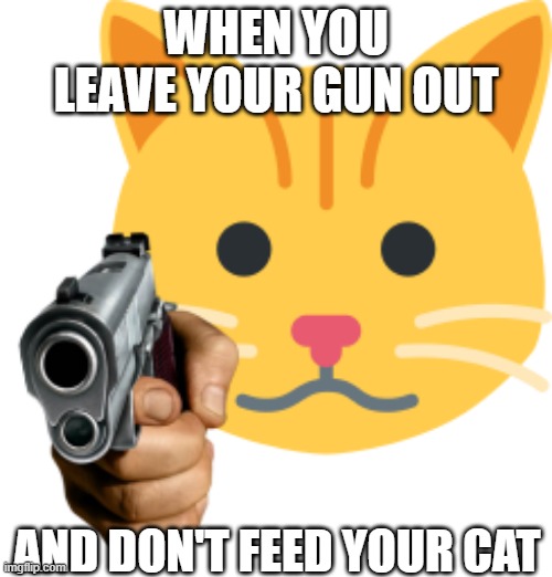 feed your cats | WHEN YOU LEAVE YOUR GUN OUT; AND DON'T FEED YOUR CAT | image tagged in funny memes | made w/ Imgflip meme maker
