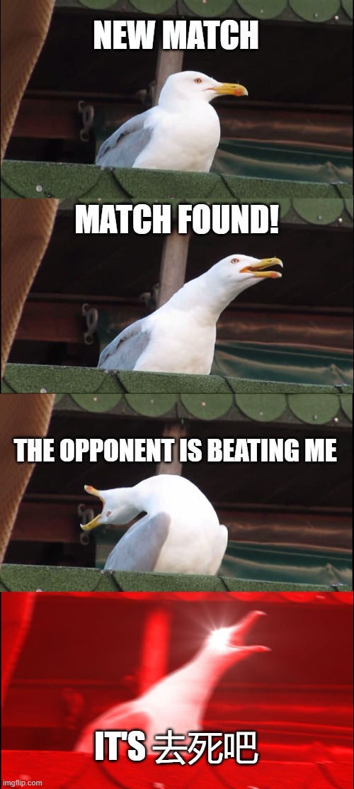 我不喜欢去死吧因为他是一个pay to win and tryhard | NEW MATCH; MATCH FOUND! THE OPPONENT IS BEATING ME; IT'S 去死吧 | image tagged in memes,inhaling seagull | made w/ Imgflip meme maker