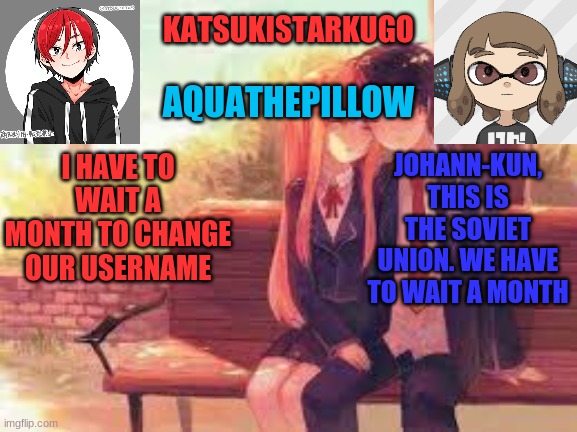KatsukiStarkugoXAquathepillow | JOHANN-KUN, THIS IS THE SOVIET UNION. WE HAVE TO WAIT A MONTH; I HAVE TO WAIT A MONTH TO CHANGE OUR USERNAME | image tagged in katsukistarkugoxaquathepillow | made w/ Imgflip meme maker