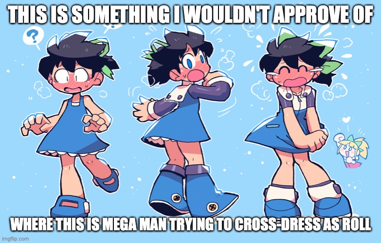 Cross-Dress Fail | THIS IS SOMETHING I WOULDN'T APPROVE OF; WHERE THIS IS MEGA MAN TRYING TO CROSS-DRESS AS ROLL | image tagged in megaman,roll,memes | made w/ Imgflip meme maker