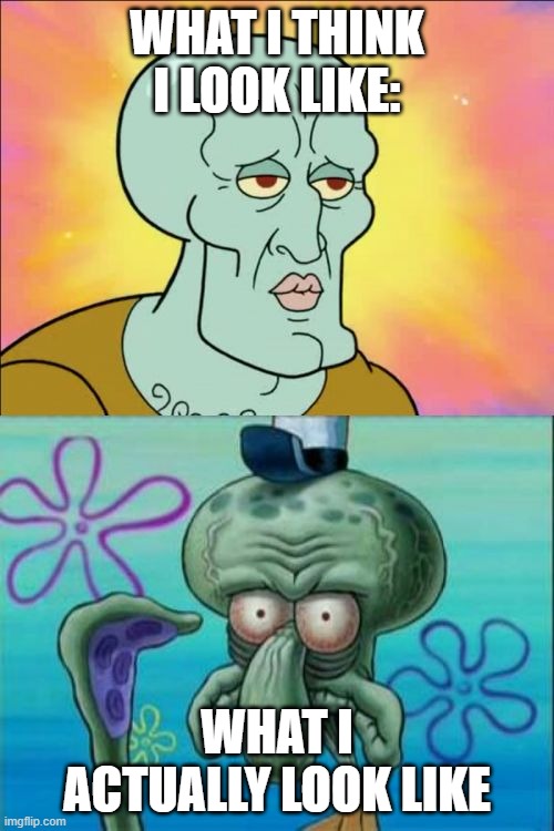 its true T.T | WHAT I THINK I LOOK LIKE:; WHAT I ACTUALLY LOOK LIKE | image tagged in memes,squidward,the sadness,never gonna give you up,never gonna let you down,never gonna stop this song | made w/ Imgflip meme maker