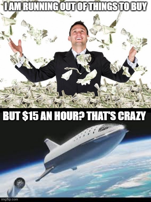 Billionaire struggles | I AM RUNNING OUT OF THINGS TO BUY; BUT $15 AN HOUR? THAT'S CRAZY | image tagged in billionaire,spacex | made w/ Imgflip meme maker