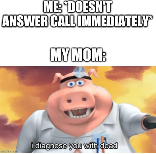 I diagnose you with dead | ME: *DOESN'T ANSWER CALL IMMEDIATELY*; MY MOM: | image tagged in i diagnose you with dead | made w/ Imgflip meme maker