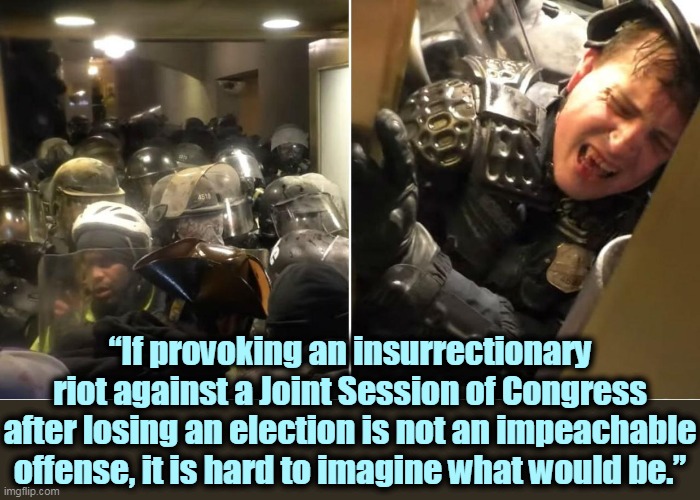 Now we get to watch Senate Republicans wimp out, again. What a bunch of snowflakes. | “If provoking an insurrectionary riot against a Joint Session of Congress after losing an election is not an impeachable offense, it is hard to imagine what would be.” | image tagged in trump,impeach,criminal,loser | made w/ Imgflip meme maker