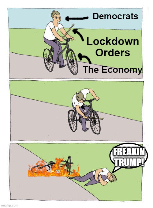 Bike Fall | Democrats; Lockdown Orders; The Economy; FREAKIN TRUMP! | image tagged in memes,bike fall | made w/ Imgflip meme maker