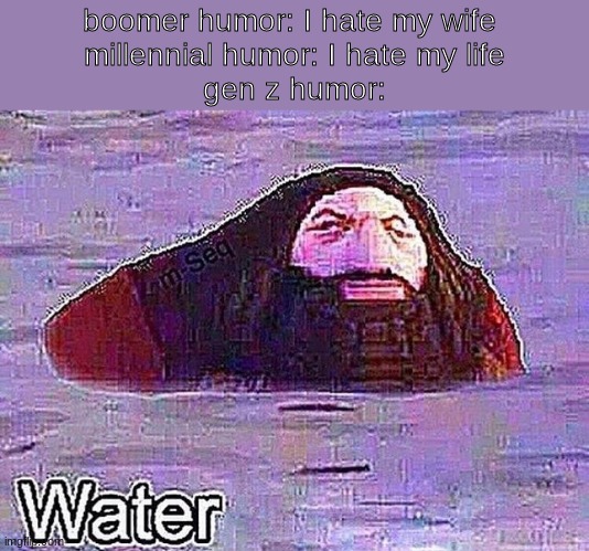 water | boomer humor: I hate my wife 
millennial humor: I hate my life
gen z humor: | image tagged in gen z | made w/ Imgflip meme maker