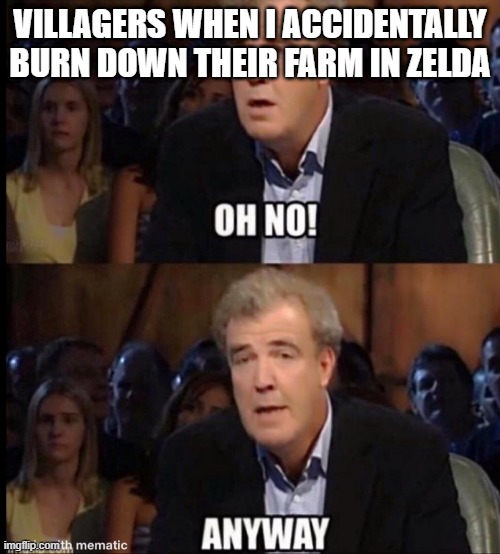 zelda farmers be like | VILLAGERS WHEN I ACCIDENTALLY BURN DOWN THEIR FARM IN ZELDA | image tagged in oh no anyway | made w/ Imgflip meme maker