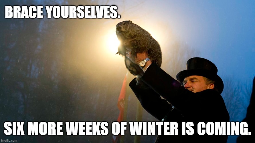 GoT Groundhog | BRACE YOURSELVES. SIX MORE WEEKS OF WINTER IS COMING. | image tagged in winter is coming,brace yourselves x is coming,brace yourselves,groundhog day | made w/ Imgflip meme maker