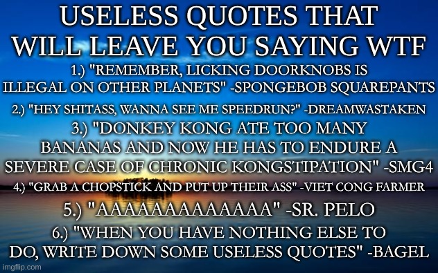 here is some deep stuff, i guess | USELESS QUOTES THAT WILL LEAVE YOU SAYING WTF; 1.) "REMEMBER, LICKING DOORKNOBS IS ILLEGAL ON OTHER PLANETS" -SPONGEBOB SQUAREPANTS; 2.) "HEY SHITASS, WANNA SEE ME SPEEDRUN?" -DREAMWASTAKEN; 3.) "DONKEY KONG ATE TOO MANY BANANAS AND NOW HE HAS TO ENDURE A SEVERE CASE OF CHRONIC KONGSTIPATION" -SMG4; 4.) "GRAB A CHOPSTICK AND PUT UP THEIR ASS" -VIET CONG FARMER; 5.) "AAAAAAAAAAAAA" -SR. PELO; 6.) "WHEN YOU HAVE NOTHING ELSE TO DO, WRITE DOWN SOME USELESS QUOTES" -BAGEL | image tagged in memes,funny,quotes,wtf,bored | made w/ Imgflip meme maker
