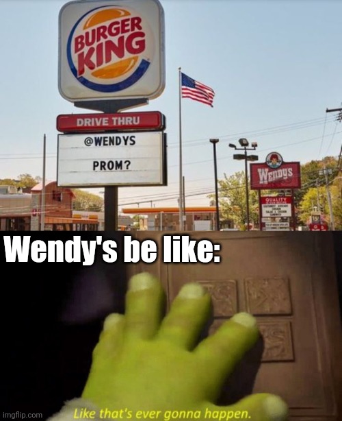 Salty Wendy's | Wendy's be like: | image tagged in like that's ever gonna happen | made w/ Imgflip meme maker