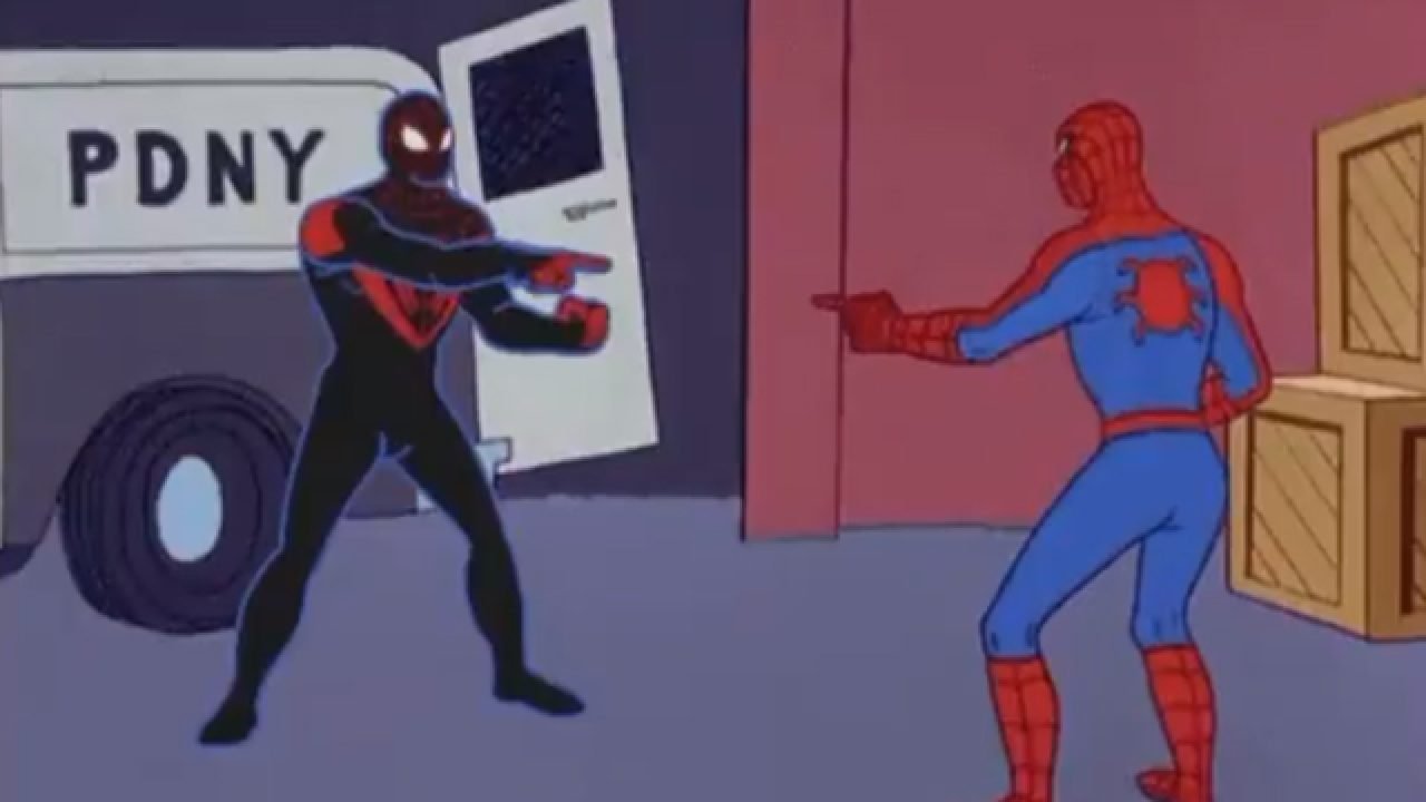 Spiderman pointing at other guy Blank Meme Template
