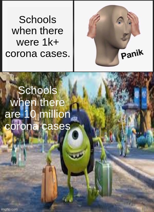 schools be like | Schools when there were 1k+ corona cases. Schools when there are 10 million corona cases | image tagged in mike wazowski,school | made w/ Imgflip meme maker