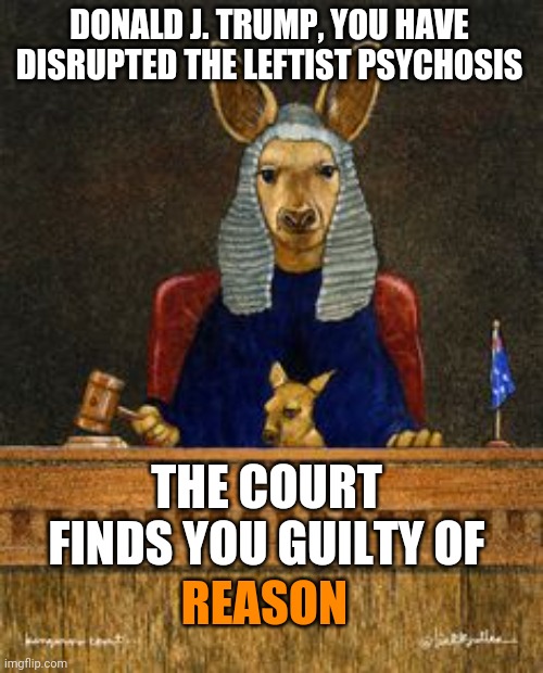Guilty of make America great again | DONALD J. TRUMP, YOU HAVE DISRUPTED THE LEFTIST PSYCHOSIS; THE COURT FINDS YOU GUILTY OF; REASON | image tagged in kangaroo court | made w/ Imgflip meme maker