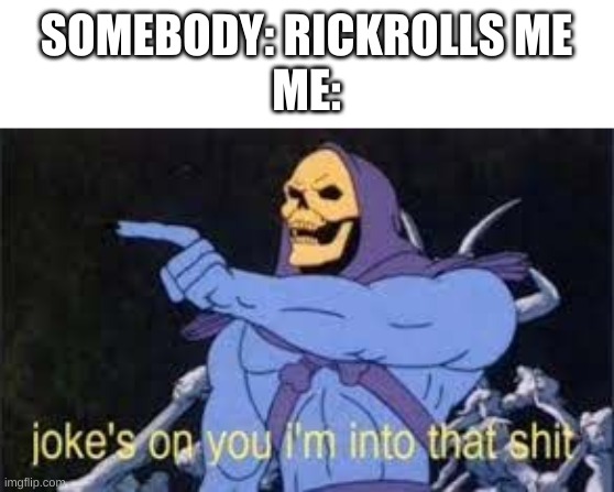 never gonna give you up never gonna let you down | SOMEBODY: RICKROLLS ME
ME: | image tagged in jokes on you im into that shit,rickroll | made w/ Imgflip meme maker