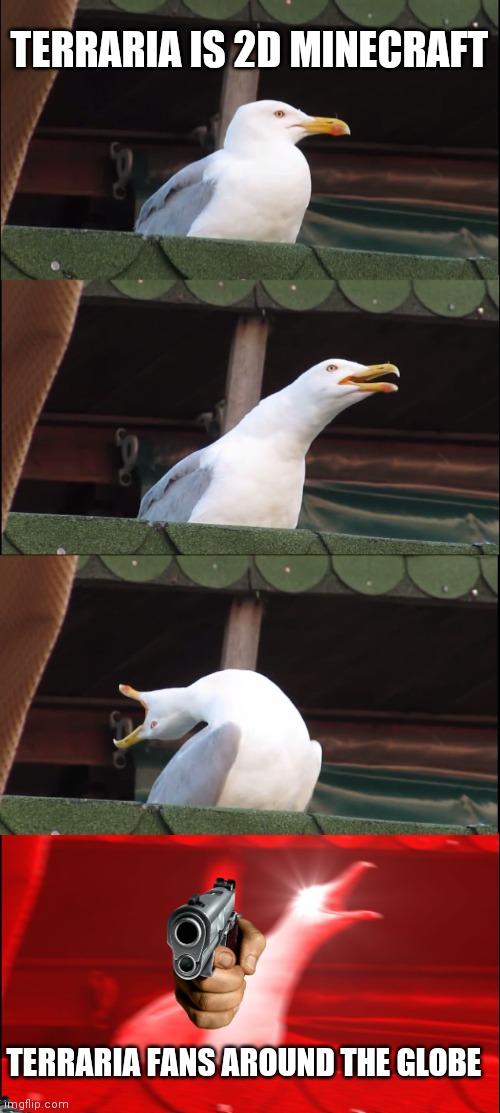 Inhaling Seagull Meme | TERRARIA IS 2D MINECRAFT; TERRARIA FANS AROUND THE GLOBE | image tagged in memes,inhaling seagull | made w/ Imgflip meme maker
