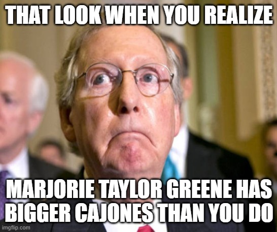 Disappointed Mitch | THAT LOOK WHEN YOU REALIZE; MARJORIE TAYLOR GREENE HAS
BIGGER CAJONES THAN YOU DO | image tagged in mitch mcconnell | made w/ Imgflip meme maker