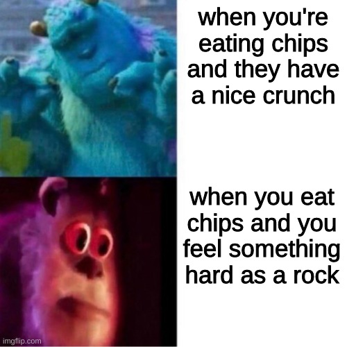 oof |  when you're eating chips and they have a nice crunch; when you eat chips and you feel something hard as a rock | image tagged in monsters inc,chips | made w/ Imgflip meme maker
