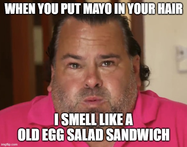 90 day lovers will get this | WHEN YOU PUT MAYO IN YOUR HAIR; I SMELL LIKE A OLD EGG SALAD SANDWICH | image tagged in big ed | made w/ Imgflip meme maker