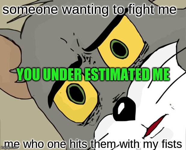 you under estimated me | someone wanting to fight me; YOU UNDER ESTIMATED ME; me who one hits them with my fists | image tagged in memes,unsettled tom | made w/ Imgflip meme maker