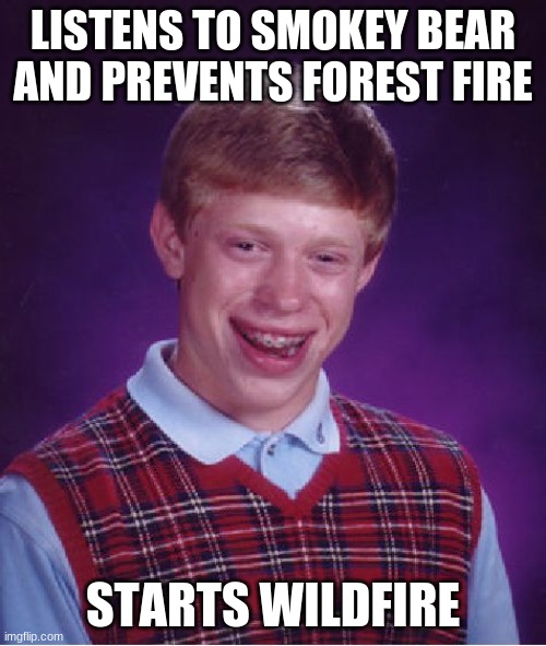 bad luck brian | LISTENS TO SMOKEY BEAR AND PREVENTS FOREST FIRE; STARTS WILDFIRE | image tagged in memes,bad luck brian | made w/ Imgflip meme maker