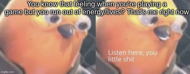 Listen here you little shit bird | You know that feeling when you're playing a game but you run out of energy/lives? That's me right now | image tagged in listen here you little shit bird | made w/ Imgflip meme maker
