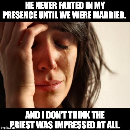 Flatulence | HE NEVER FARTED IN MY PRESENCE UNTIL WE WERE MARRIED. AND I DON'T THINK THE PRIEST WAS IMPRESSED AT ALL. | image tagged in memes,first world problems | made w/ Imgflip meme maker