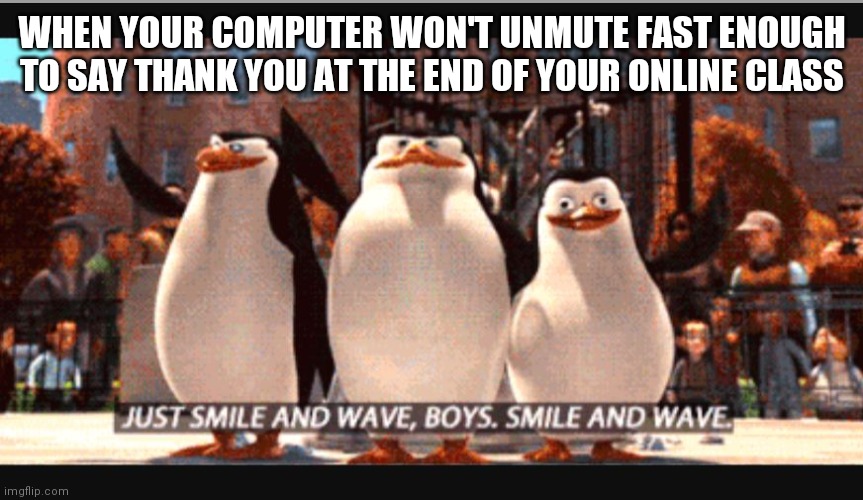 Madagascar penguins | WHEN YOUR COMPUTER WON'T UNMUTE FAST ENOUGH TO SAY THANK YOU AT THE END OF YOUR ONLINE CLASS | image tagged in madagascar penguins | made w/ Imgflip meme maker