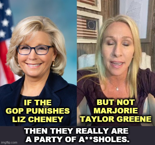 Marjorie Taylor Greene has got to go. | IF THE GOP PUNISHES LIZ CHENEY; BUT NOT MARJORIE TAYLOR GREENE; THEN THEY REALLY ARE 
A PARTY OF A**SHOLES. | image tagged in gop,republican party,clowns | made w/ Imgflip meme maker