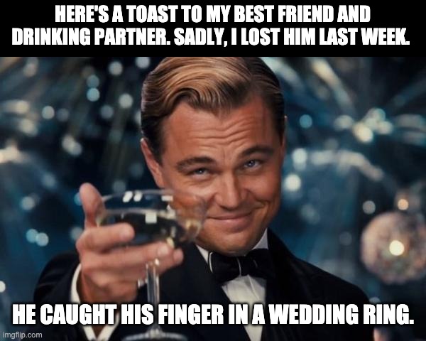 Lost friend | HERE'S A TOAST TO MY BEST FRIEND AND DRINKING PARTNER. SADLY, I LOST HIM LAST WEEK. HE CAUGHT HIS FINGER IN A WEDDING RING. | image tagged in memes,leonardo dicaprio cheers | made w/ Imgflip meme maker