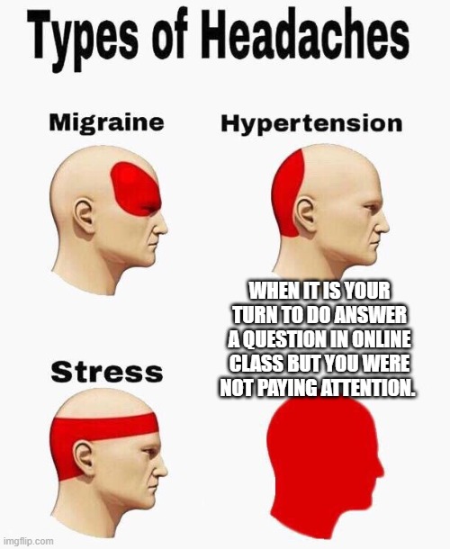Headaches | WHEN IT IS YOUR TURN TO DO ANSWER A QUESTION IN ONLINE CLASS BUT YOU WERE NOT PAYING ATTENTION. | image tagged in headaches | made w/ Imgflip meme maker