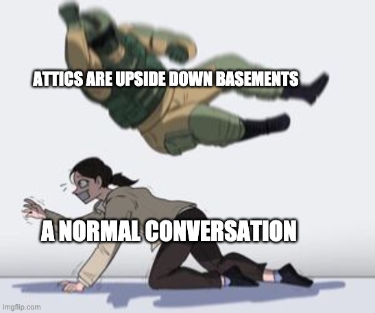 Normal conversation | ATTICS ARE UPSIDE DOWN BASEMENTS; A NORMAL CONVERSATION | image tagged in normal conversation | made w/ Imgflip meme maker