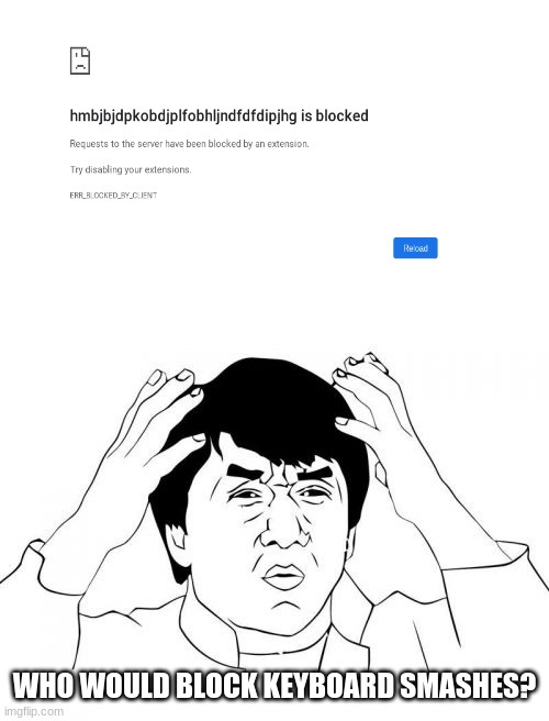 WHY WOULD YOU BLOCK THAT | WHO WOULD BLOCK KEYBOARD SMASHES? | image tagged in memes,jackie chan wtf,website,chromebook | made w/ Imgflip meme maker