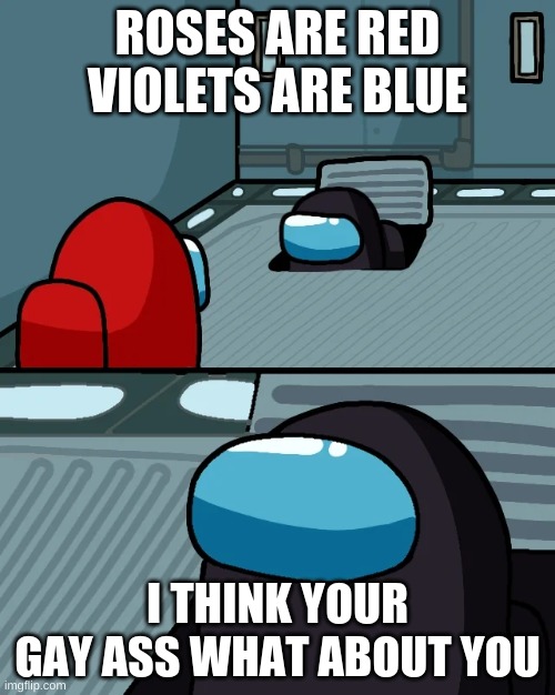 roses are red violets are blue are blue | ROSES ARE RED VIOLETS ARE BLUE; I THINK YOUR GAY ASS WHAT ABOUT YOU | image tagged in impostor of the vent | made w/ Imgflip meme maker