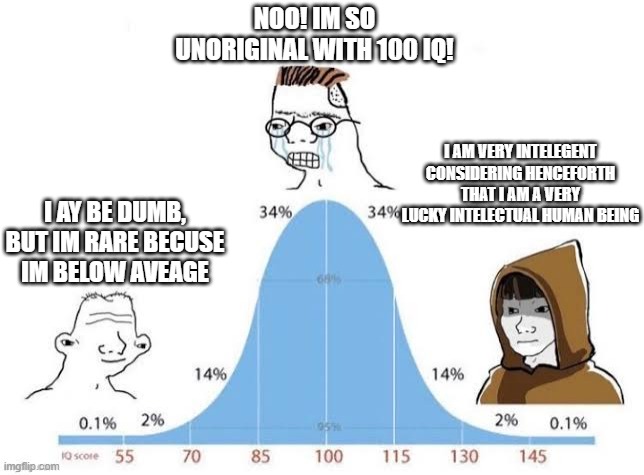 The 3 IQ Classes | NOO! IM SO UNORIGINAL WITH 100 IQ! I AM VERY INTELEGENT CONSIDERING HENCEFORTH THAT I AM A VERY LUCKY INTELECTUAL HUMAN BEING; I AY BE DUMB, BUT IM RARE BECUSE IM BELOW AVEAGE | image tagged in iq | made w/ Imgflip meme maker
