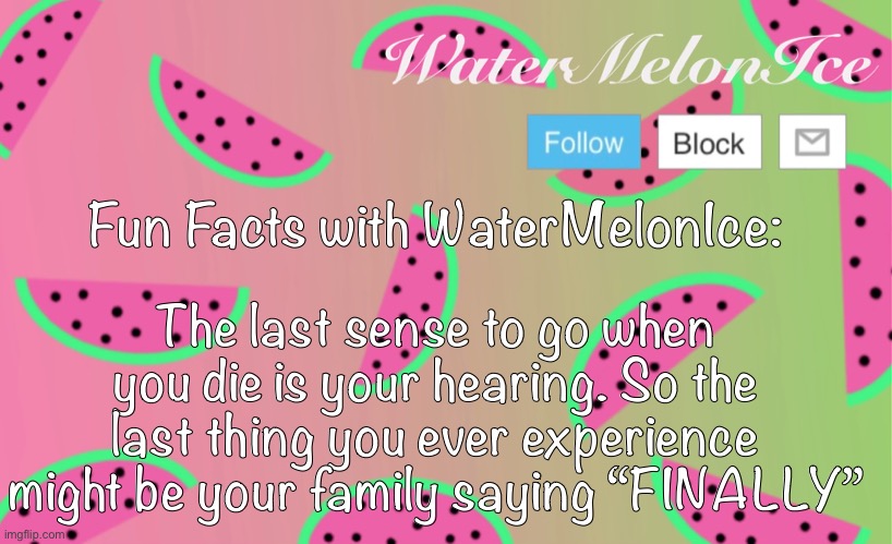I’m such a positive thinker :) | Fun Facts with WaterMelonIce:; The last sense to go when you die is your hearing. So the last thing you ever experience might be your family saying “FINALLY” | image tagged in watermelonice announcement 3 | made w/ Imgflip meme maker