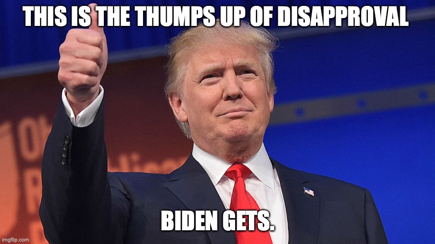 the Thumbs up of disapproval. | THIS IS THE THUMPS UP OF DISAPPROVAL; BIDEN GETS. | image tagged in donald trump thumb up | made w/ Imgflip meme maker