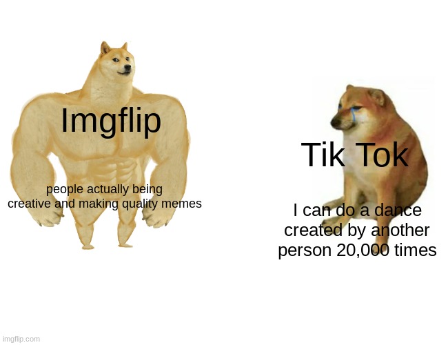 Imgflip>Tik tok | Imgflip; Tik Tok; people actually being creative and making quality memes; I can do a dance created by another person 20,000 times | image tagged in memes,buff doge vs cheems | made w/ Imgflip meme maker