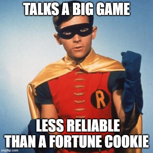 Robin | TALKS A BIG GAME; LESS RELIABLE THAN A FORTUNE COOKIE | image tagged in robin | made w/ Imgflip meme maker