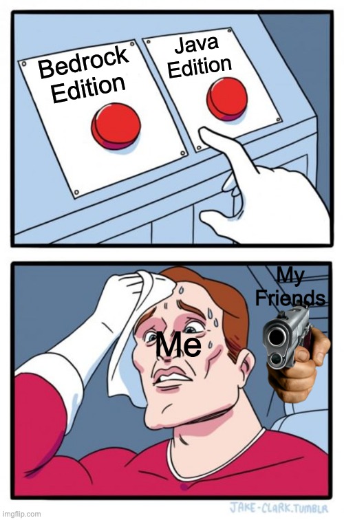 Which do i choose | Java Edition; Bedrock Edition; My Friends; Me | image tagged in memes,two buttons | made w/ Imgflip meme maker