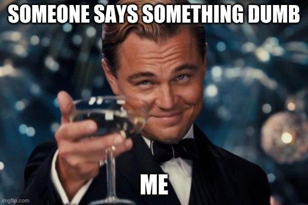 Leonardo Dicaprio Cheers Meme | SOMEONE SAYS SOMETHING DUMB; ME | image tagged in memes,leonardo dicaprio cheers | made w/ Imgflip meme maker