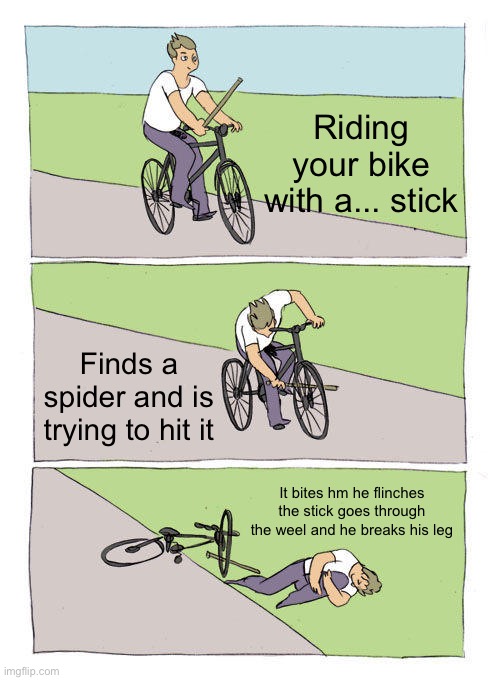 Bike Fall | Riding your bike with a... stick; Finds a spider and is trying to hit it; It bites hm he flinches the stick goes through the weel and he breaks his leg | image tagged in memes,bike fall | made w/ Imgflip meme maker