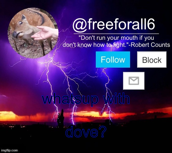 freeforall6 Official Announcement Template 1 | whatsup with; dove? | image tagged in freeforall6 official announcement template 1 | made w/ Imgflip meme maker
